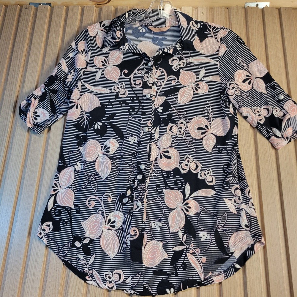SJS Petite Floral Striped Button Down Blouse Pink Navy Blue PS T8538-PE-EL-RM - Picture 1 of 8
